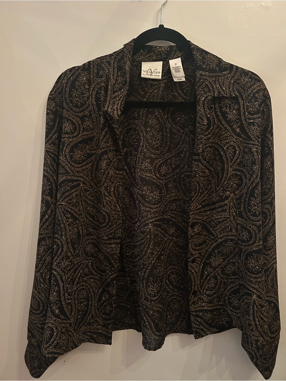 Vintage Villager Black Jacket with Gold Paisley Open Front